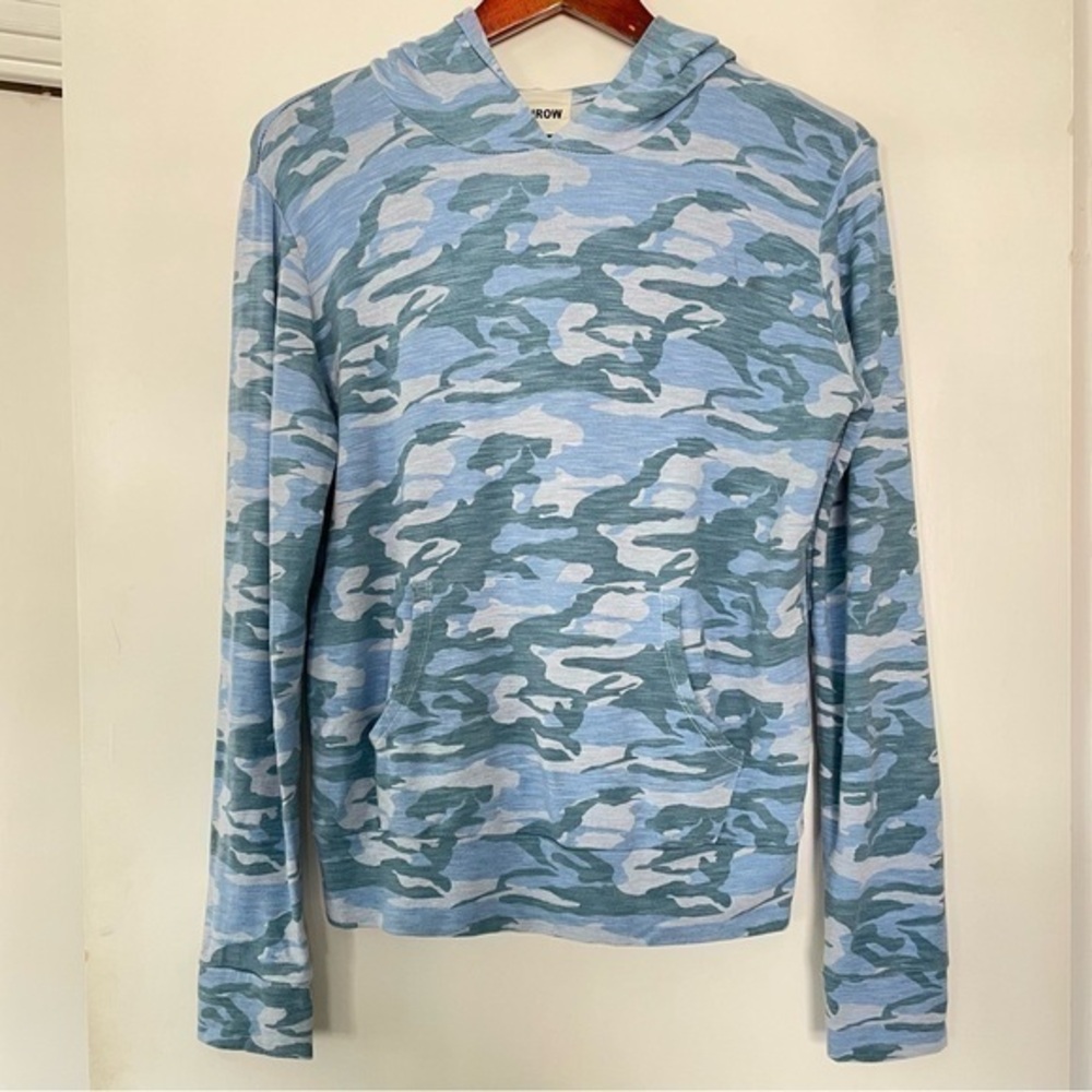 Monrow Blue Camo Camouflage Hoodie Pullover Sweater Kangaroo Pockets Size XS